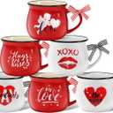 6 Pcs Valentine's Day Mugs 12 oz Coffee Ceramic Mug with Ribbon Bow Red White Love Words Cup Sweet Heart Coffee Cup Tiered Tray Decor Gift for Anniversary Wedding Table Centerpieces