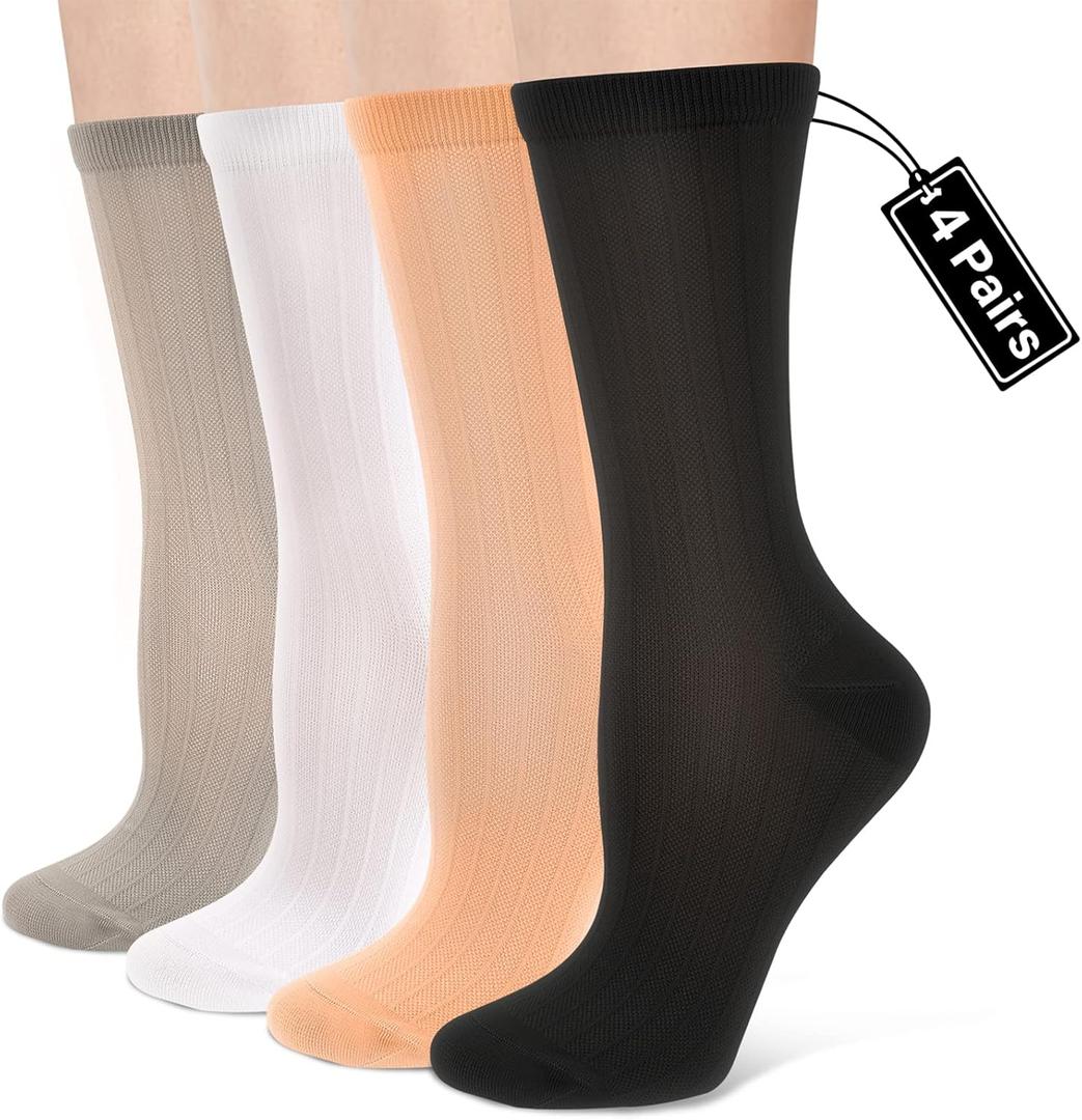 Compression Crew Socks for Women Thin Lightweight (15-20 mmHg) for Athletic Nurse Circulation Support Socks, 4 Pairs (Large-X-Large, 01- Black/White/Grey/Pastel Orange)