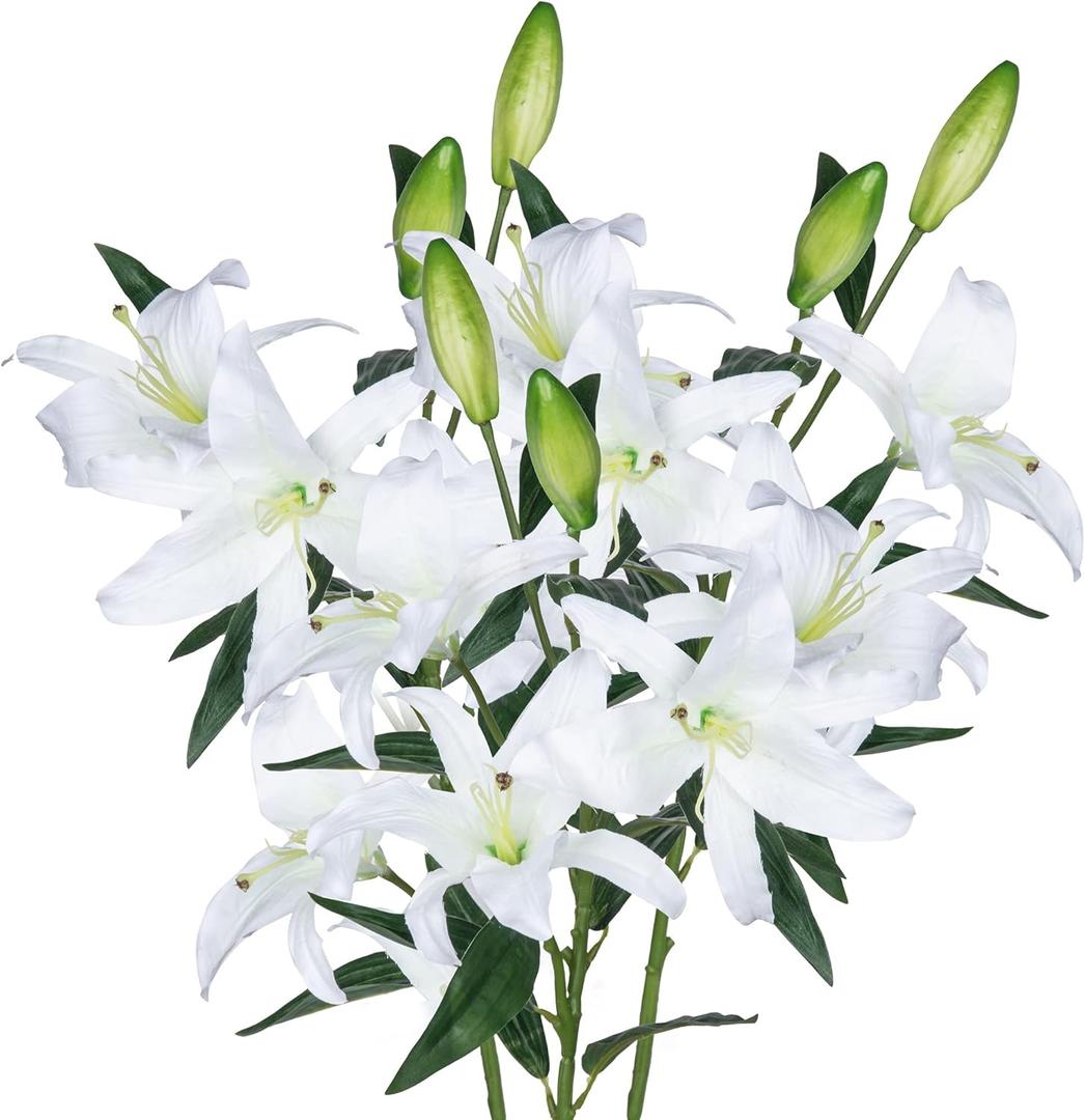 Lily Artificial Flowers Bulk 30 Long Stems 12 Silk Flower Heads Bouquet Wedding Decoration Indoor Home Decor DIY Floral Crafts Table Centerpiece Mothers Day Gift, 3pcs (White)