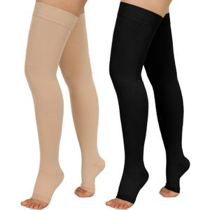 2 Pairs Compression Stockings for Women & Men, 20-30mmHg Thigh High Compression Socks, Open Toe Medical Compression Socks with Silicone Dot Band-Best Support for Nursing Sports Varicose Veins L