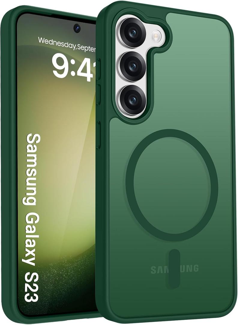 for Samsung S23 Phone Case, Compatible with Magnetic, Military Grade Drop Protection Translucent Matte Shockproof Anti-Scratch/Anti-Fingerprint Case for Galaxy S23 (Green)