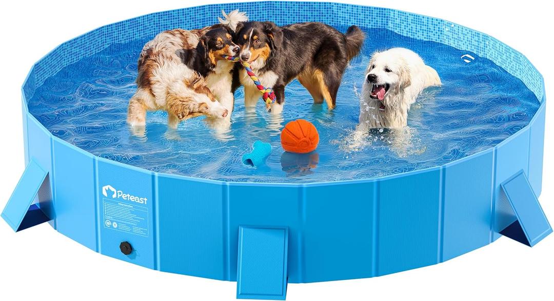 Peteast Foldable Dog Kiddie Pool with Stable Side Support, Hard Plastic Shell Portable Dog Pool, Collapsible Swimming Pools for Pet and Kids, 87 in