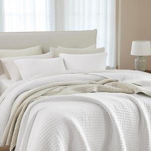 WDCOZY White Oversized King Size Quilt Set, Muslin Cotton Shell Down-Alt Poly Filling, California Cal Shabby Chic Rustic Farmhouse Country Bedspread, Textured Gauze Coverlet Bedding, 2 Shams