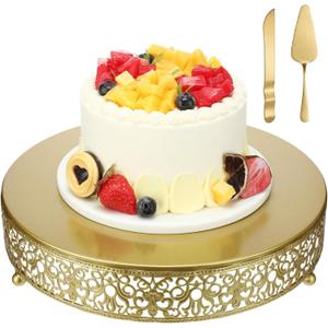 Wenqik 12 Inch Gold Cake Stand Set Metal Round Cupcake Dessert Stand with Cake Cutting, Spatula Wedding Cupcake Pastry Display Candy Holder Display for Wedding Party Birthday Baby Shower(Classic)