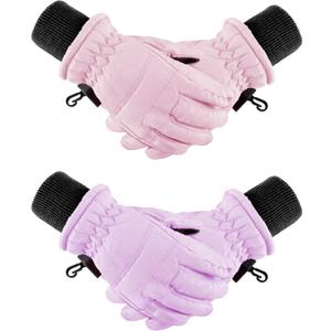 Boao 2 Pairs Kids Winter Ski Gloves Waterproof Warm Snow Mittens Full Finger Gloves for Toddlers Infants (5 - 10 Years, Pink, Light Purple)