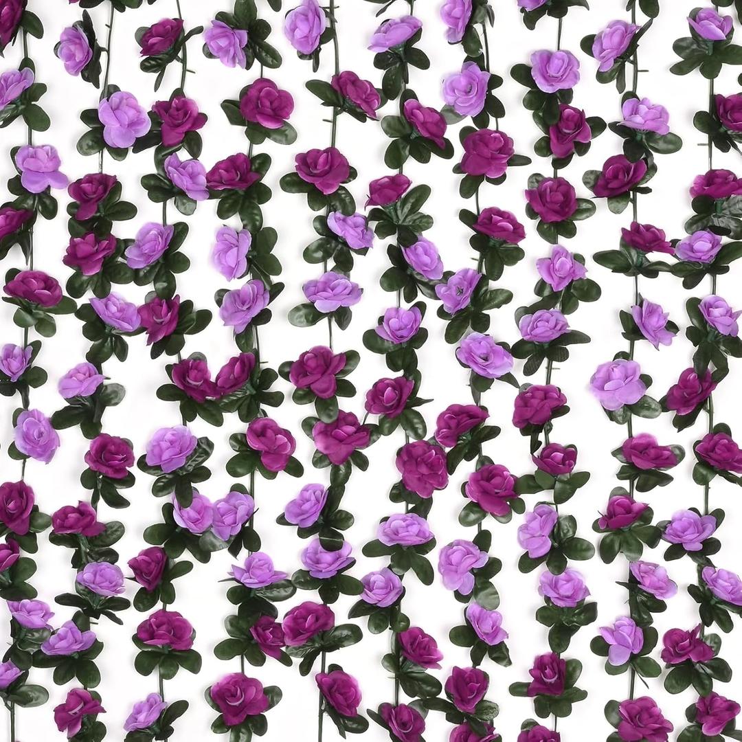 BLEUM CADE 5Pcs 41Ft Flower Garland Artificial Rose Vines for Bedroom, Cute Fake Hanging Flower Vines Floral Garland Decorations for Wedding Party Wall Room Decor Aesthetic (5 Pcs, Purple)