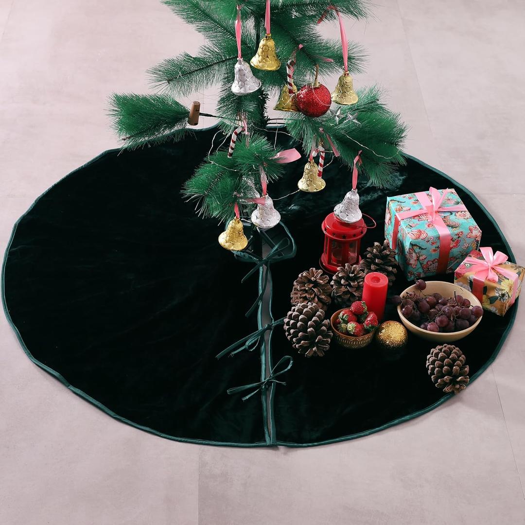 Boho Christmas Tree Mat, 48 Inch Velvet Tree Skirt for Farmhouse Decorations - Emerald Green