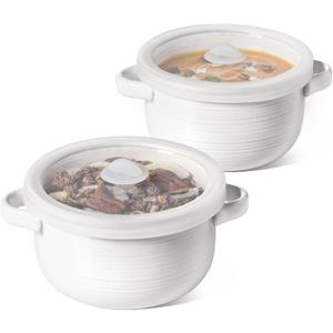 LE TAUCI Soup Bowls with Handles and Silicone Lids, 28 oz Ceramic Ramen Bowl Microwavable, Oven Safe French Onion Soup Bowls for Noodles and Cereal, Lead & Cadmium Free Soup Crocks, Set of 2, White