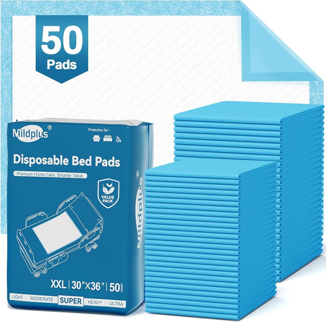 50 Count Disposable Bed Pads 30''X36'' MILDPLUS Super Absorbent Underpads, Disposable Extra Large Chucks Pads Incontinence Pads for Adults and Kids, Dog Training Pads