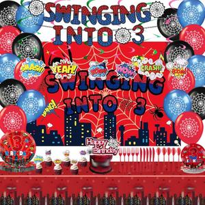 3 Spider Theme Birthday Party Supplies Decorations Including Birthday Banner Backdrop Hanging Swirls Tablecloth Balloons Cake Toppers Plates Forks Knives Spoons for Spider Party