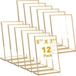 Yulejo 12 Pcs 5 x 7 Inch Gold Acrylic Sign Holders Picture Frame Stand up Table Top Sign Holders Back Picture Frames Clear Menu for Wedding Restaurants, Office, Store, Hotels