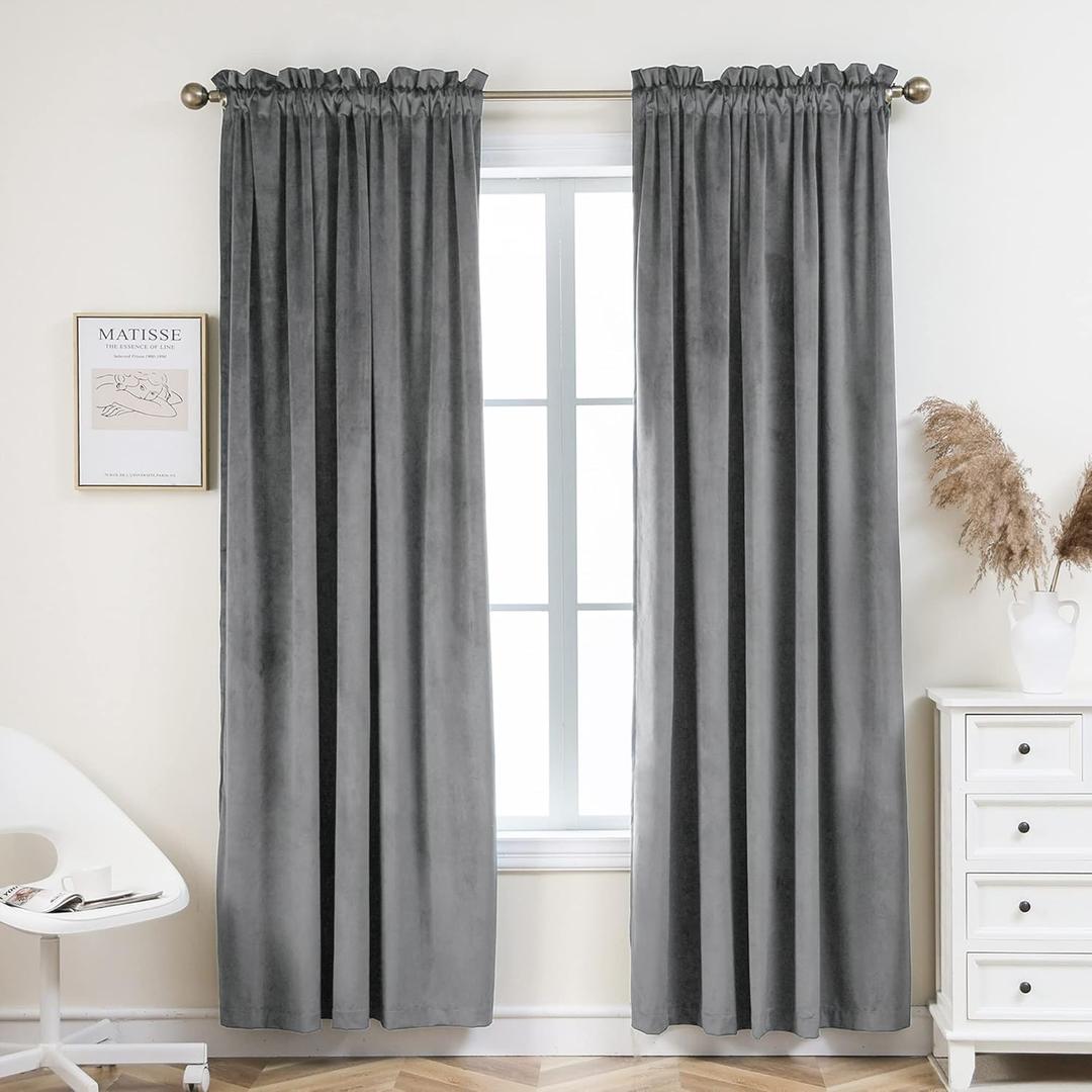 PLEASANT BOULEVARD Grey Velvet Curtains 95 inch Long Heavyweight Blackout Curtains Rod Pocket Thermal Insulated Darkening Window Drapes for Bedroom Living Room, W52 x L95, 2 Panels