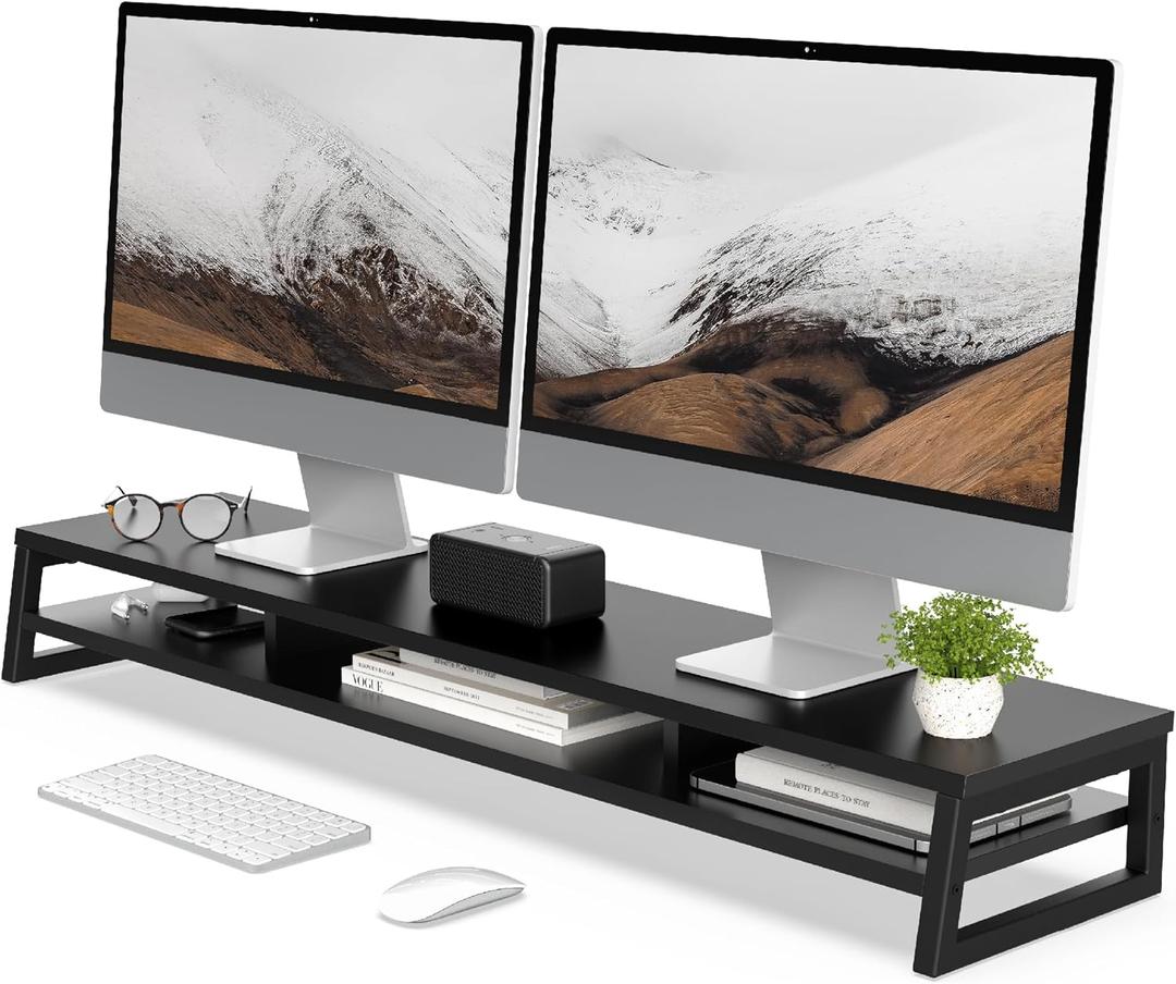 Fenge Dual Monitor Stand for Desk, 42.5in Large Monitor Riser for 2 Monitors, 2 Tier Computer Office Desk Top Shelf, Desktop Storage Stand for Laptop, PC, Computer, Printer (Black)