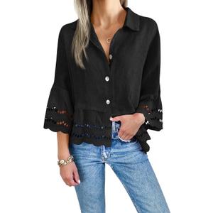 Cicy Bell Womens 3/4 Bell Sleeve Button Down Shirts Casual Ruffle Hem Tops Eyelet Blouse (X-Large, Black)