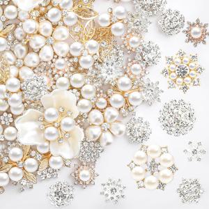 Wavwavw 40 Pcs Flat Back Pearls Rhinestone Buttons for Crafting Faux Pearl Embellishments Bulk for Jewelry DIY Craft Wedding Bouquet Hat Dress Hair Gift Decoration Party Accessories (Gold)