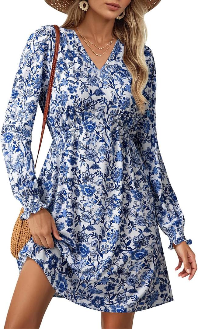 Dokotoo Fall Dresses for Women 2025 Casual V Neck Lantern Long Sleeve Floral Shirred High Waist A-Line Boho Dress (White, XL)