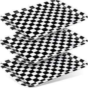 Zubebe 3 Pcs 13 x 10 Inch Checkered Serving Tray Black and White Serving Pieces Race Car Trays Rectangle Checker Plate Plaid Dishes Food Platter for Birthday Party