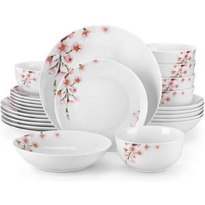 VEWEET Dinnerware Sets for 6, 24 Pieces Porcelain Plates and Bowls Set with Pink Floral, Classic Dishes Set Dining Ware for Dinner, Microwave Dishwasher Safe, Series ANNIE