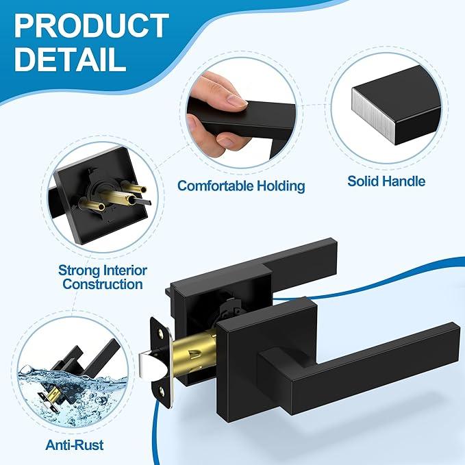 Matte Black Door Handles Interior, Passage Door Knobs Closet Door Levers for Hallway, Heavy Duty Square Doorknob Non-Locking Handlesets for Left & Right Sided Doors