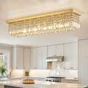 Siljoy Modern Gold Crystal Chandelier for Dining Room, 8-Light Rectangular Flush Mount Crystal Raindrop Chandelier, Luxury Dimmable Crystal Ceiling Light for Living Room Hallway Bedroom L40''