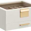 SONGMICS GISELLA Collection - Jewelry Box Organizer, 2-Layer Jewelry Storage with 1 Drawer, Shiny Metal Hardware, Glass Lid, Modern, 8 x 9.1 x 4.1 Inches, Cloud White and Gold Color UJBC174W01
