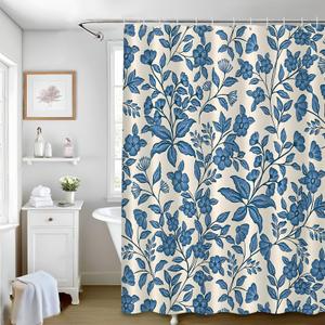 Voidborne Elegant Blue Floral and Leaves Shower Curtains Modern Simple Home Tub Bathroom Curtain Decorative,Quick Dry Washable Durable Polyester Fabric,Blooming Flower,72" W x 72" L