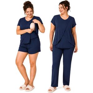 Rnxrbb 3 PCS Nursing Pajamas Set Postpartum Pjs Breastfeeding Sleepwear for Women Double Layer with Pockets L