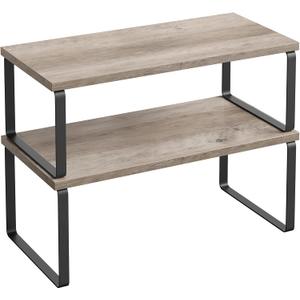 SONGMICS Cabinet Organizer Shelf, Set of 2 Kitchen Counter Shelves, Kitchen Storage, Spice Rack, Stackable, Expandable, Metal and Engineered Wood, Ink Black and Heather Greige UKCS200X02 (15.6"W)