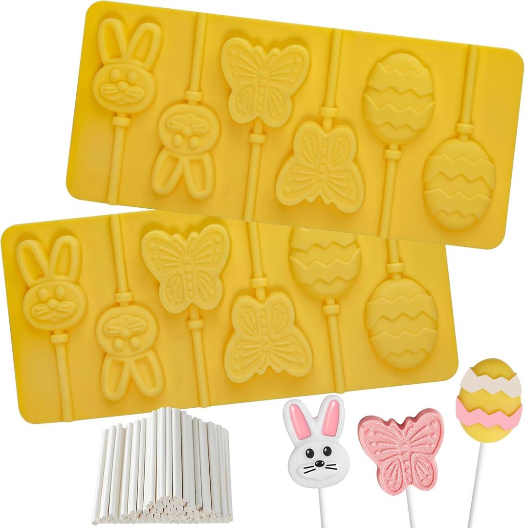 Kamehame Easter Lollipop Molds, Silicone Bunny Egg Butterfly Lollipop Molds with 100 Paper Lollipop Sticks for DIY Chocolate,Candy