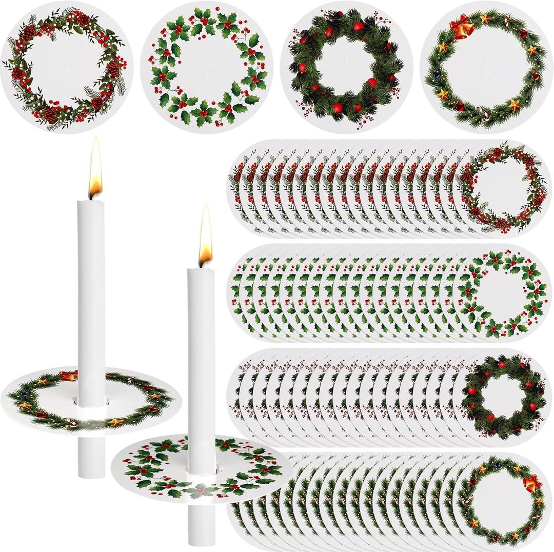 LemonRoad 100 Pack Christmas Candle Drip Protectors with Xmas Wreath Round Wax Catchers Candle Drip Guards for Candlelight Vigil Church Service Devotional Xmas Eve Decorations(Not Include Candles)