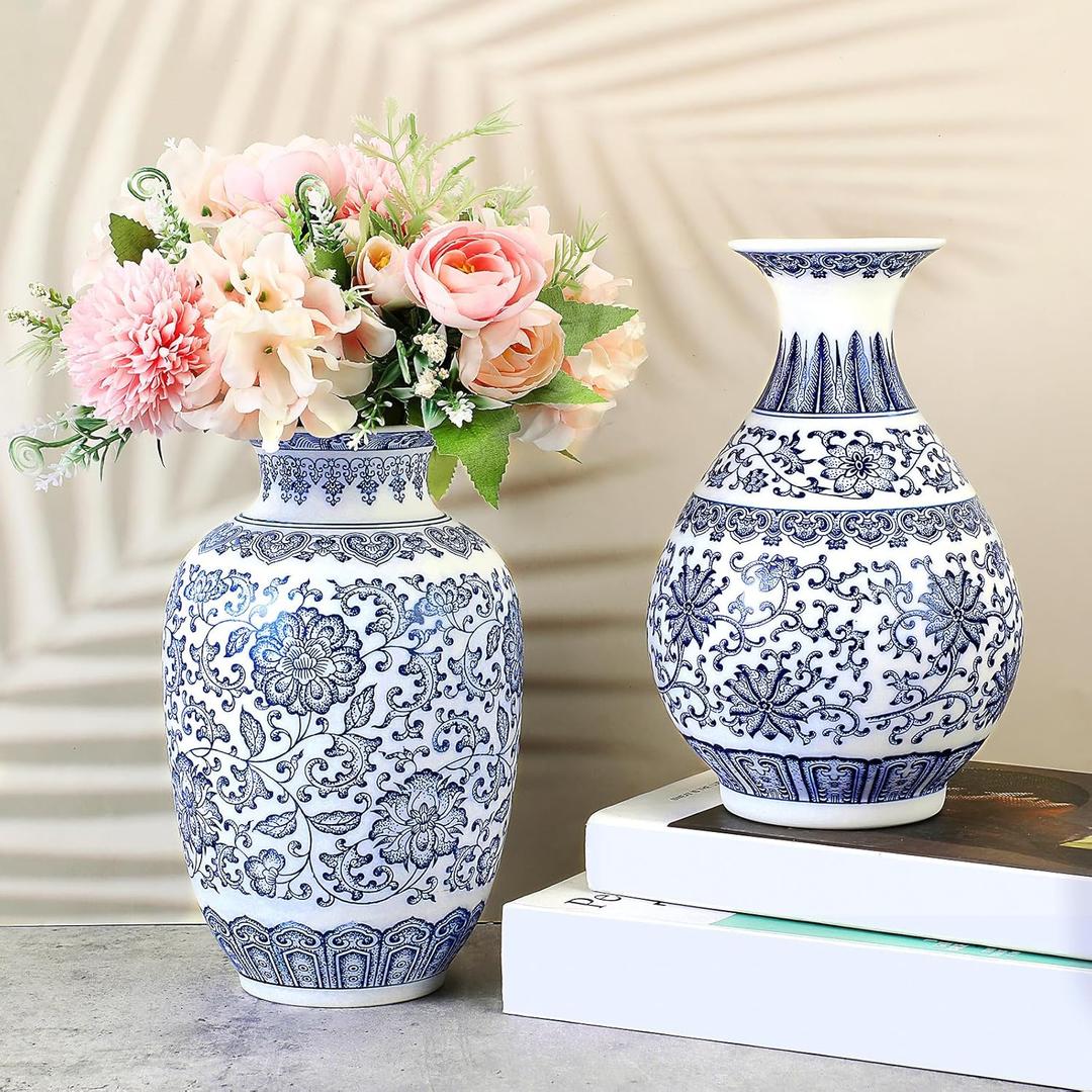 Maxcheck 2 Pieces Porcelain Blue and White Vase 9 Inch Chinoiserie Vintage Ceramic Oriental Vase Chinese Handmade Classic Flower Decor for Home Office Bookshelf Table