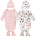woshilaocai 2 Pack Baby Boy Girl Gown Sleeper Newborn Knotted Nightgown and Hat Set Infant Sleepwear (0-3 Months, Floral & Pink)