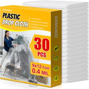 30 Pack Plastic Drop Cloth, 9x12 Ft Plastic Sheeting for Painting, Dust-Proof Tear-Resistant Painters Plastics Tarp Cloth for Furniture Floor Sofa Protector Cover Durable & Thick