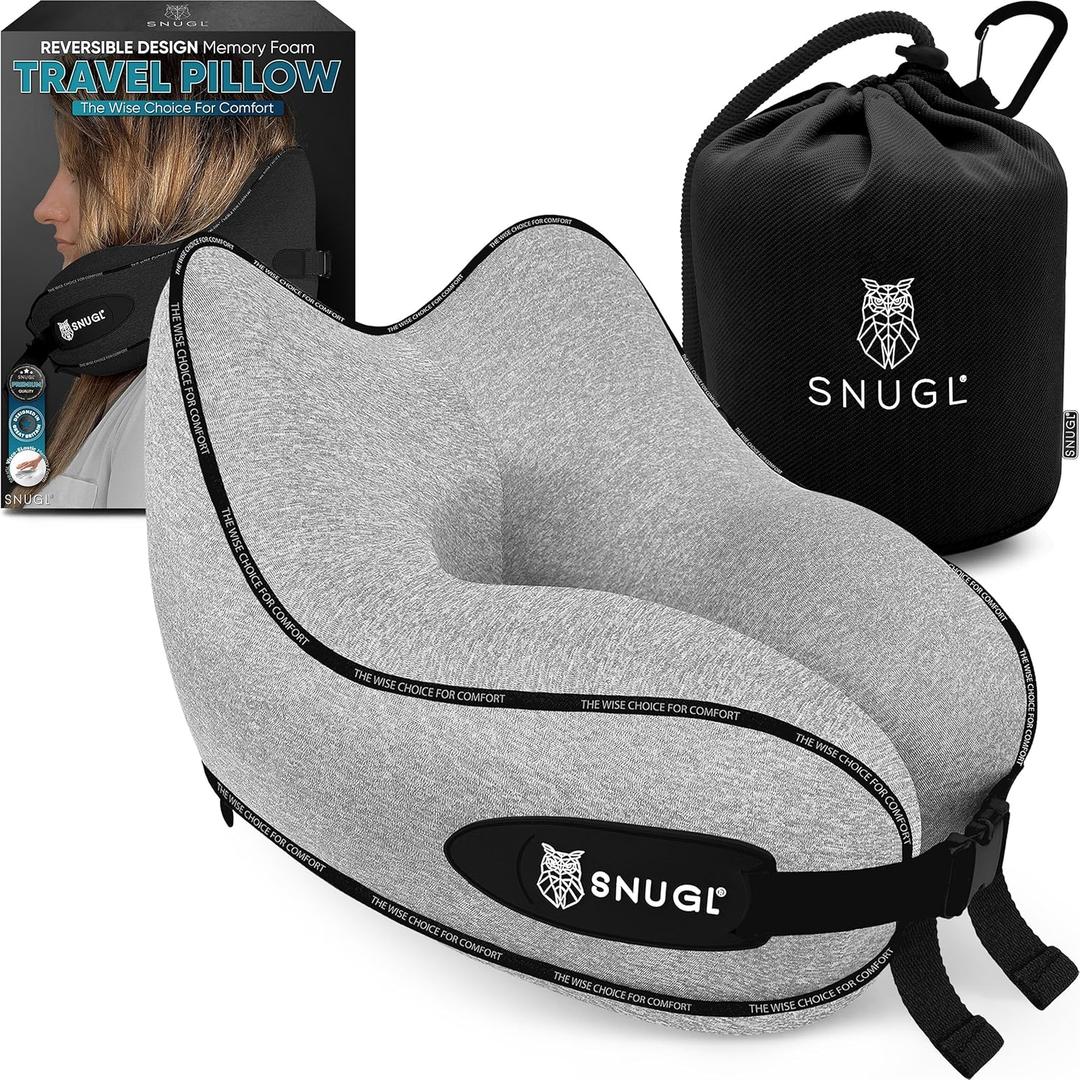 SNUGL Neck Travel Pillow - Memory Foam Airplane Pillow - Flight Pillow | Neck Support Travel Pillow with Carry Bag & Clip | Neck Pillows for Sleeping Travel Plane | Flying Travel Essentials - Grey (Adult Regular)
