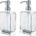 Glass Soap Dispenser with Rust Proof Stainless Steel Pump, Kitchen Hand and Dish Soap Dispensers 2 Pack Set, Refillable Hand Sanitizer Clear Soap Dispenser Bathroom Set, Brushed Nickel