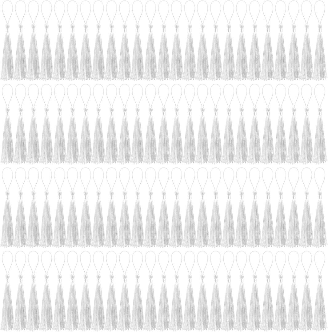 100 Pcs Bookmark Tassels Bulk White Soft Craft Silky Handmade Mini Tassels for Jewelry Making with Loops for DIY Craft Accessory Dress Decoration