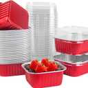 50 Pcs Mini Square Baking Cups with Lids, 5oz Aluminum Foil Mini Cake Pans with Lids, Disposable Ramekins Cake Pans, 150ml Dessert Cups Cupcake Pans for Wedding Birthday Party, Red