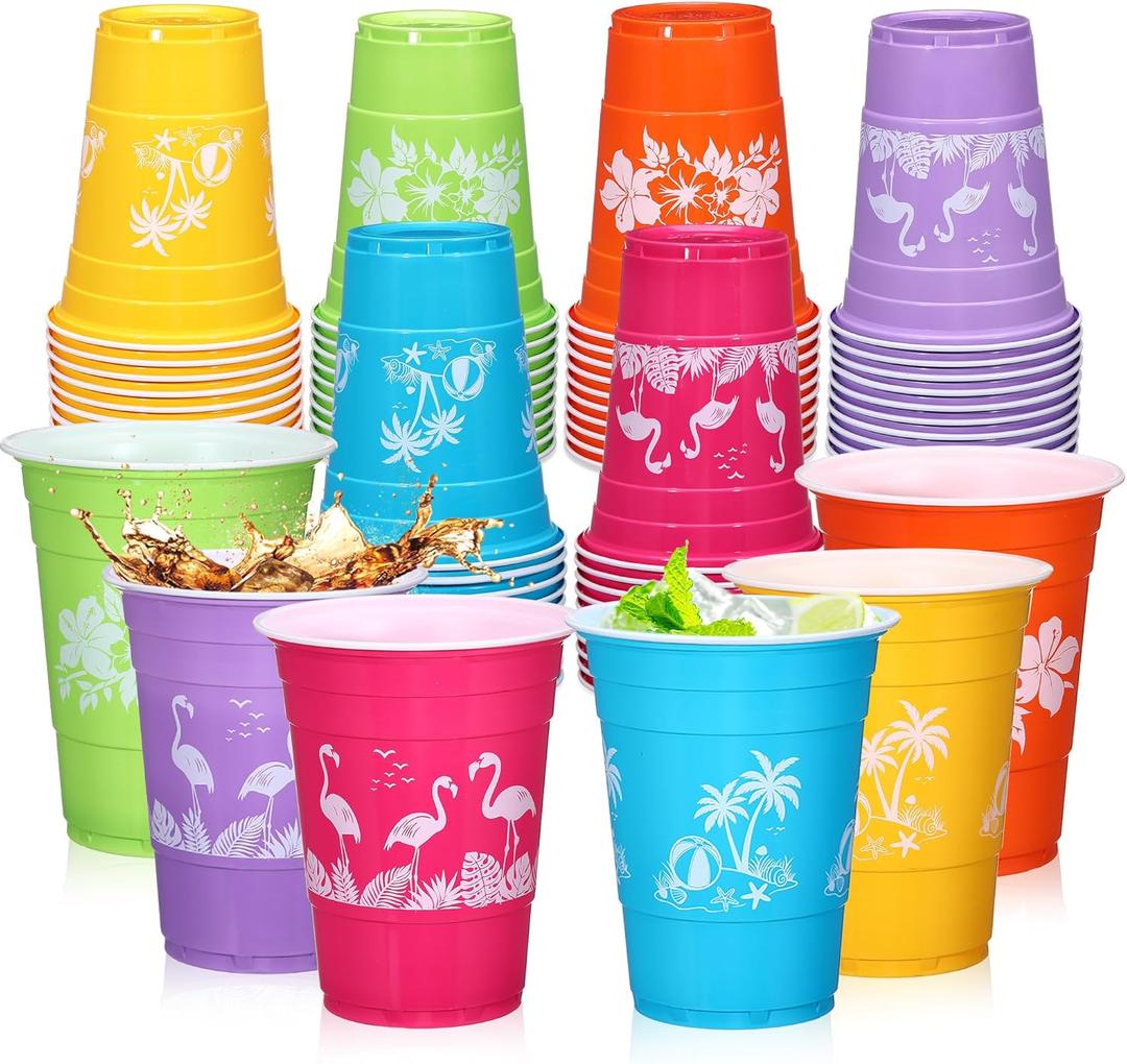 60 Pcs Tropical Luau Party Cups, 16 Oz Hawaiian Plastic Party Decoration Cups Bulk, Colorful Disposable Plastic Cups for Summer Beach Party Favors Birthday Party Decor Supplies