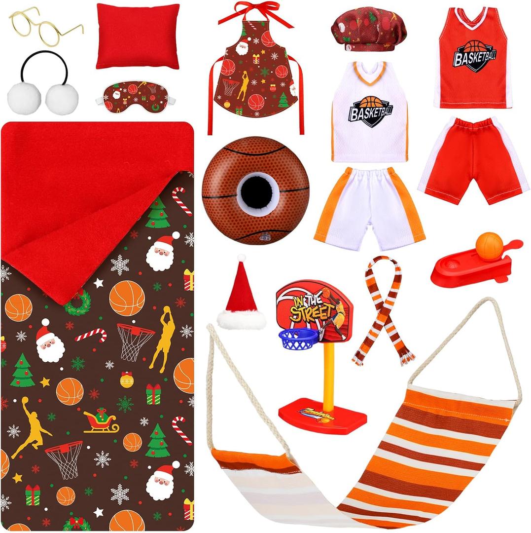 1 Set Christmas Doll Accessories Kits 2025 Includes Apron Chef Hat Hammock Swing Sleeping Bag Bathrobe Sweater Dress Headwear Scarf Ear Muffs Eye Mask Glasses Shoes(Basketball)