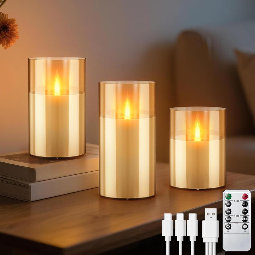 3 PC Rechargeable Led Candles, Flameless Flickering with Remote & Timer, with Real Wax Candle in Glass Warm Color Light, Lasting for 200+ Hours for Festival, Party, Bedroom, Living Room Decor, Amber