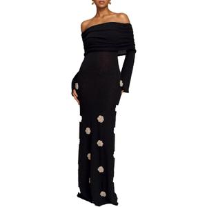 Unybwonn Women Sexy Off Shoulder Crochet Maxi Dress Bodycon Stretchy Mesh Knit Dress Long Sleeve Tube Top Elegant Dresses (Medium, Black)