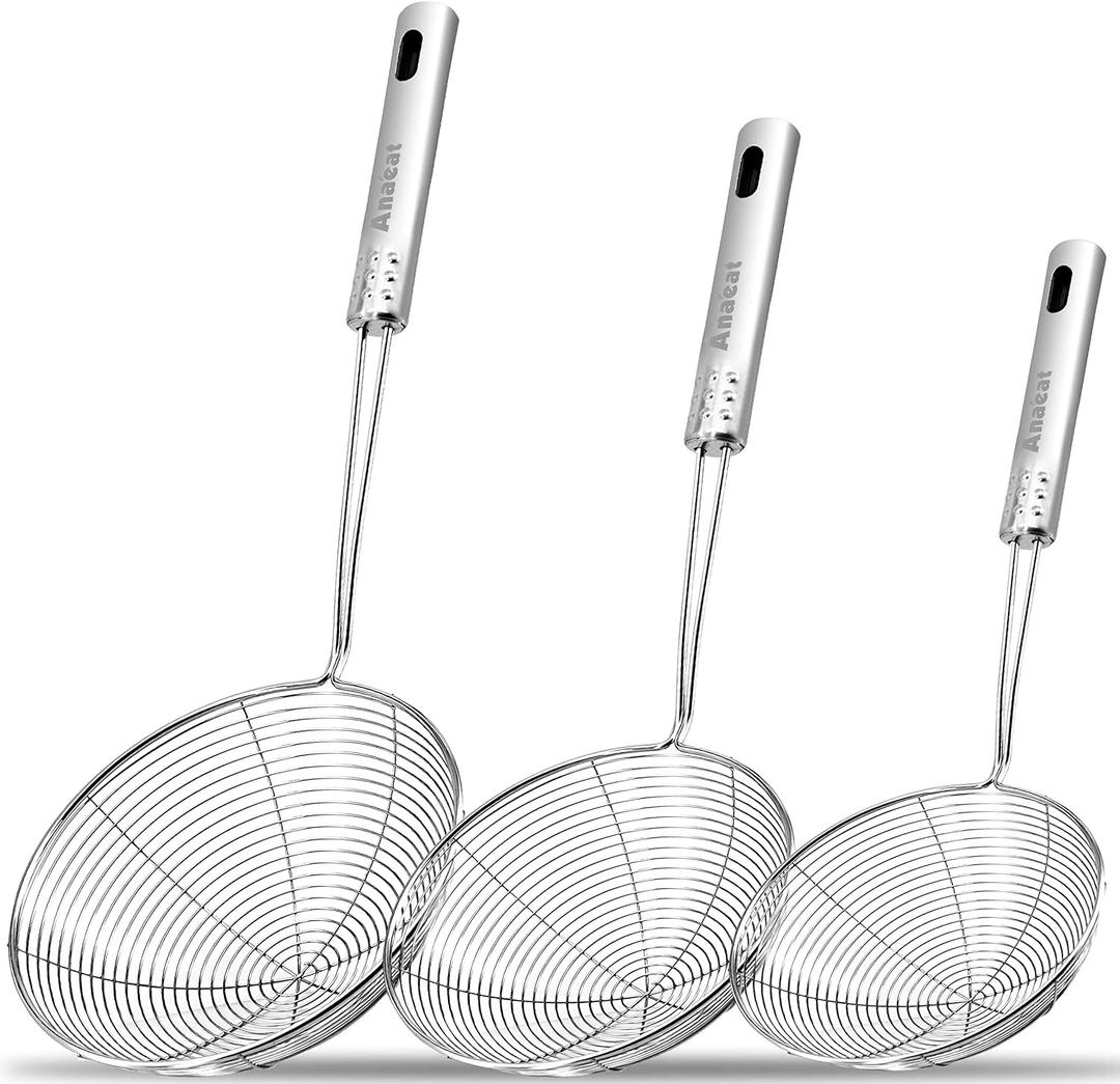 Anaeat Stainless Steel Spider Skimmer, Set of 3 Professional Kitchen Pasta Strainer Spoon with Long Handle - Asian Strainer Ladle Wire Skimmer Spoons for Cooking and Frying (4.5"+5.3"+6.1")