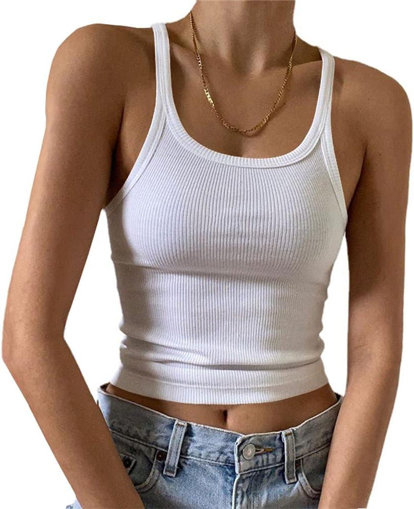 Artfish Women's Sleeveless Tank Top Form Fitting Scoop Neck Ribbed Knit Basic Cami Shirts (Medium, 01#short White)