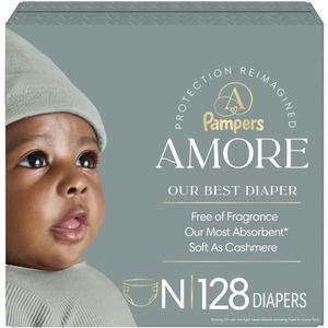 Pampers Amore, Size 0 (up to 10 lbs), 128 Count, Our Best Diaper – Hypoallergenic & Fragrance Free, Up to 100% Leakproof, Soft as Cashmere