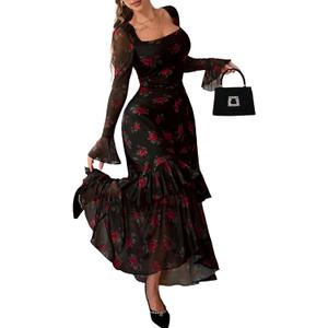 GothDark Women's Floral Mesh Dress Elegant Long Sleeve Square Neck Double Layer Ruffle Hem Casual Wedding Guest Maxi Dresses XXL