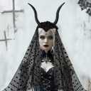 Halloween Gothic Devil Antelope Sheep Horn Headband Flower Crown with Black Mesh Veil Hair Hoop Cosplay Costume Proms Party Headwear