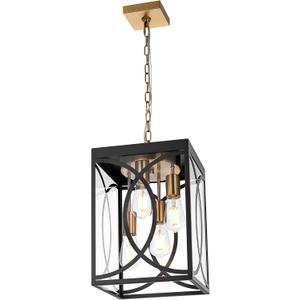 4-Lights Large Outdoor Pendant Light Fixture, E26 Bulb Base Porch Hanging Lighting in Black & Brushed Brass, Modern Exterior Lantern Chandelier Ceiling Mount for Patio Front Door