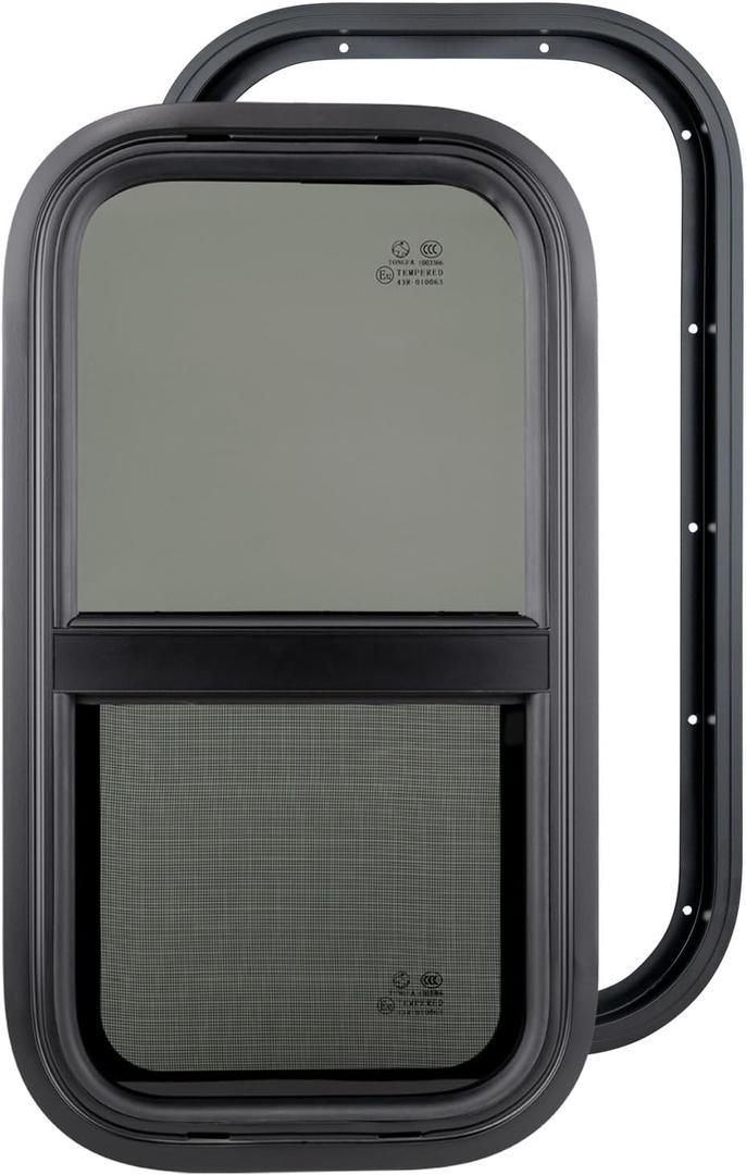 Dulepax Vertical RV Window, 12" W x 24" H Tinted Slide Trailer Window, Tempered Glass Camper Window Replacement with Net Screen and Trim Ring, DOT Approved