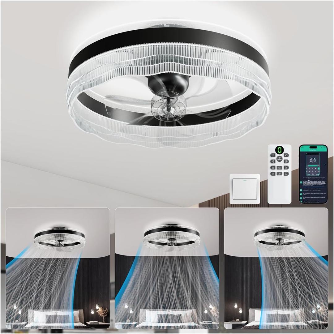 kejector Fandelier Ceiling Fan with Light,20 Inch Low Profile Ceiling Fans with Lights and Remote App Control,360Oscillation Bladeless Flush Mount LED Fan Light for Bedroom Living Dining Room