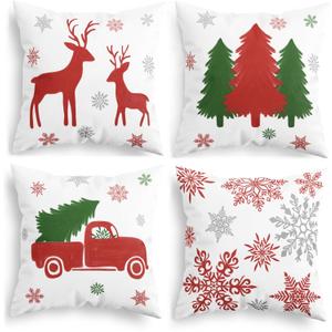 CaliTime Christmas Throw Pillow Covers Decorative 18 X 18 Inches Set of 4 Cozy Fleece Trees Deers Car Snowflakes Cushion Cases for Couch Sofa Bed Living Room Farmhouse Christmas Red Green